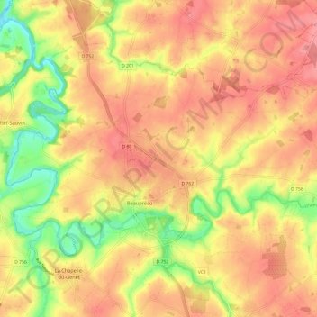 Mapa topográfico Beaupréau, altitud, relieve