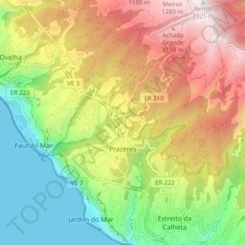 Mapa topográfico Prazeres, altitud, relieve