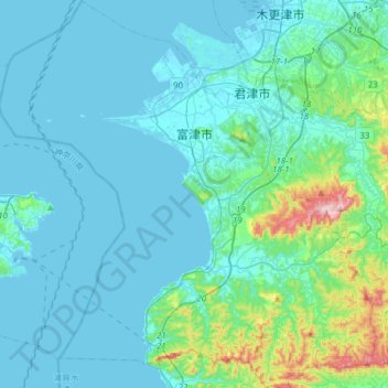 Mapa topográfico Futtsu, altitud, relieve