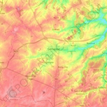 Mapa topográfico Genappe, altitud, relieve