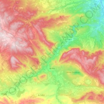 Mapa topográfico Ariño, altitud, relieve