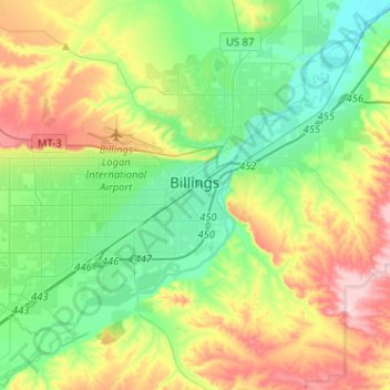 Mapa topográfico Billings, altitud, relieve