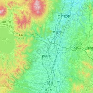 Mapa topográfico Koriyama, altitud, relieve