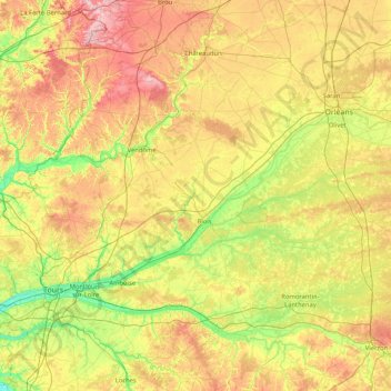 Mapa topográfico Loir y Cher, altitud, relieve