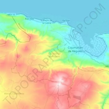 Mapa topográfico Cojumatlán de Régules, altitud, relieve