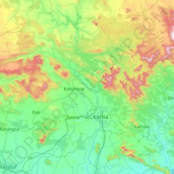 Mapa topográfico Korba, altitud, relieve