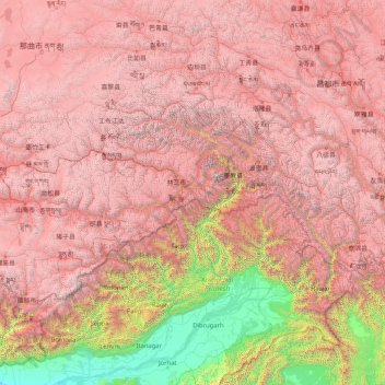 Mapa topográfico Nyingchi Prefecture, altitud, relieve