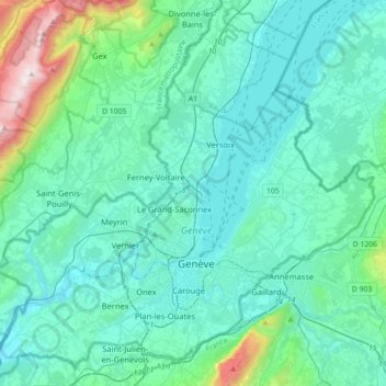 Mapa topográfico Genève, altitud, relieve