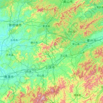 Mapa topográfico 上饶市, altitud, relieve