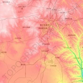 Mapa topográfico Ejin Horo Banner, altitud, relieve