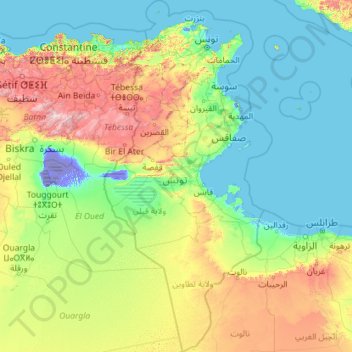 Mapa topográfico Túnez, altitud, relieve