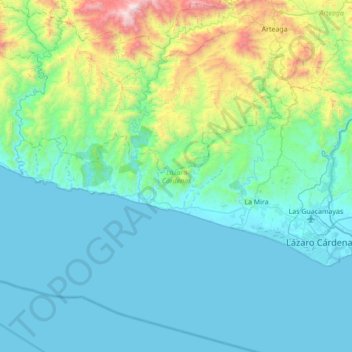 Mapa topográfico Lázaro Cárdenas, altitud, relieve