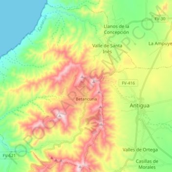 Mapa topográfico Betancuria, altitud, relieve