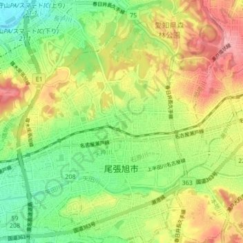 Mapa topográfico Owariasahi, altitud, relieve