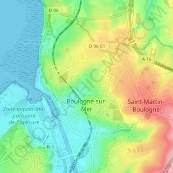 Mapa topográfico Boulogne-sur-Mer, altitud, relieve