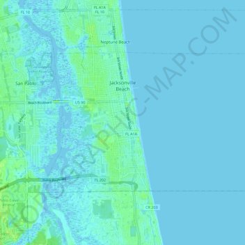 Mapa topográfico Jacksonville Beach, altitud, relieve