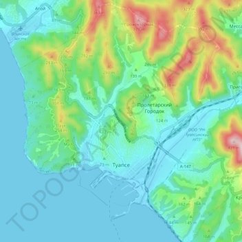 Mapa topográfico Tuapse, altitud, relieve
