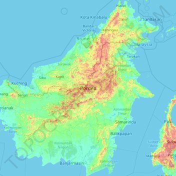 Mapa topográfico Isla de Borneo, altitud, relieve