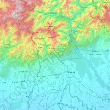 Mapa topográfico Darjeeling, altitud, relieve