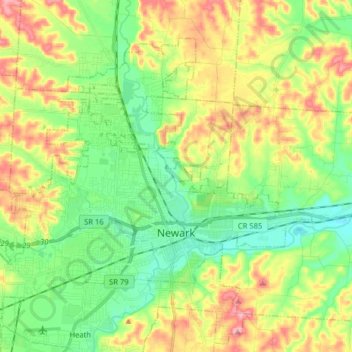Mapa topográfico Newark, altitud, relieve