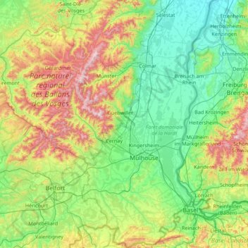 Mapa topográfico Haut-Rhin, altitud, relieve