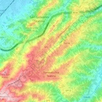 Mapa topográfico Torrevecchia Teatina, altitud, relieve