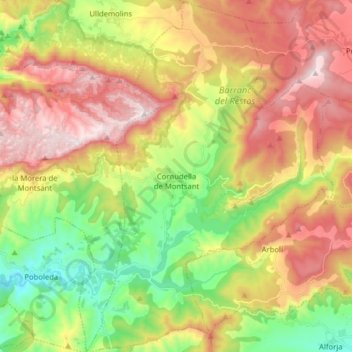 Mapa topográfico Cornudella de Montsant, altitud, relieve
