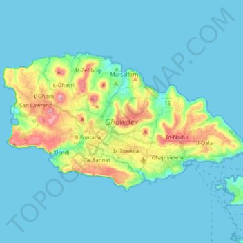 Mapa topográfico Għawdex, altitud, relieve