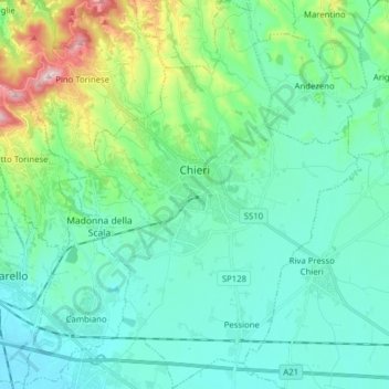 Mapa topográfico Chieri, altitud, relieve