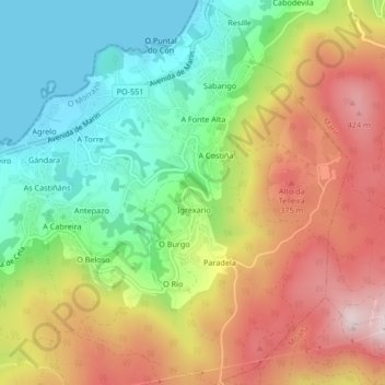 Mapa topográfico Cela, altitud, relieve