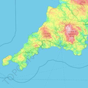 Mapa topográfico Cornwall, altitud, relieve