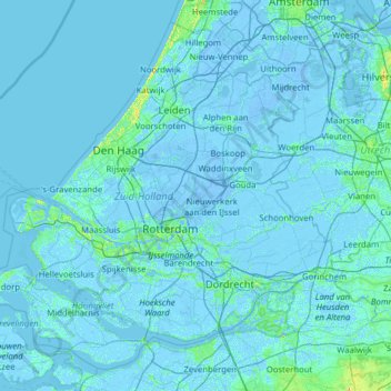 Mapa topográfico Holanda Meridional, altitud, relieve