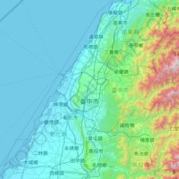 Mapa topográfico Taichung, altitud, relieve