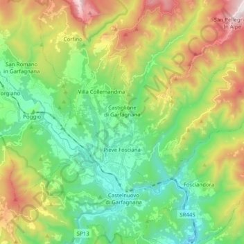 Mapa topográfico Pieve Fosciana, altitud, relieve