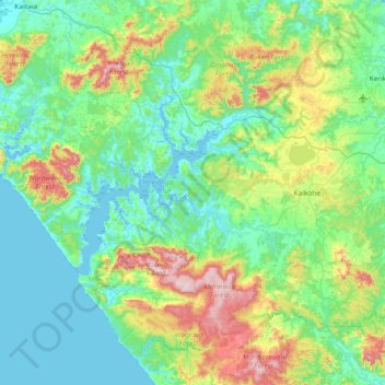 Mapa topográfico Kaikohe-Hokianga Community, altitud, relieve