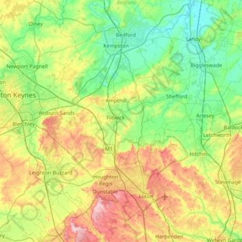 Mapa topográfico Central Bedfordshire, altitud, relieve