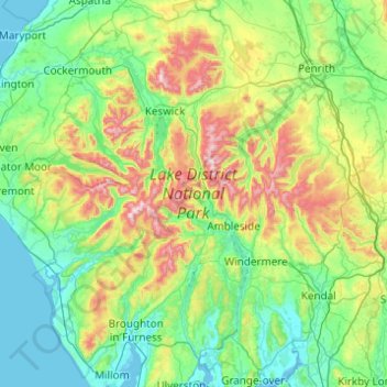 Mapa topográfico Lake District National Park, altitud, relieve