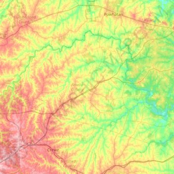 Mapa topográfico Amelia County, altitud, relieve