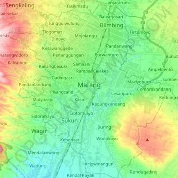 Mapa topográfico Kota Malang, altitud, relieve