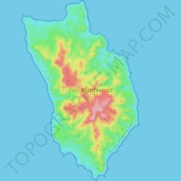 Mapa topográfico Isla Montserrat, altitud, relieve