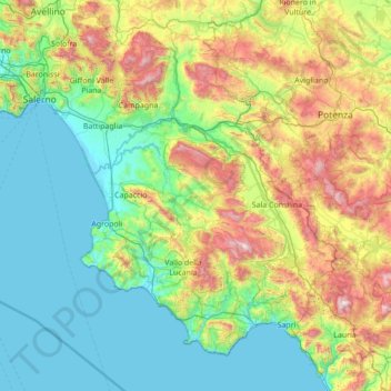 Mapa topográfico Salerno, altitud, relieve