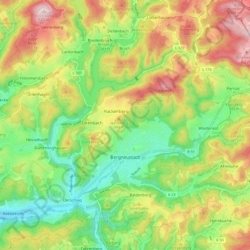 Mapa topográfico Bergneustadt, altitud, relieve