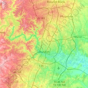 Mapa topográfico Austin, altitud, relieve