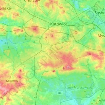 Mapa topográfico Katowice, altitud, relieve