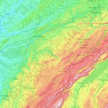 Mapa topográfico Doubs, altitud, relieve