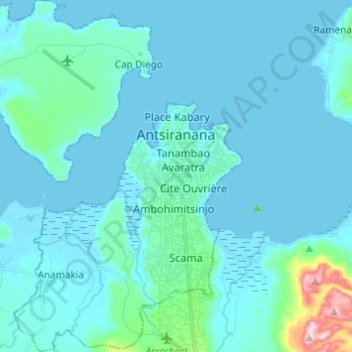 Mapa topográfico Antsiranana, altitud, relieve