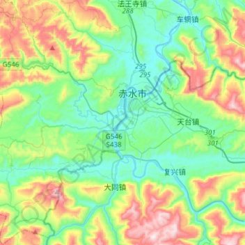 Mapa topográfico 九支镇, altitud, relieve