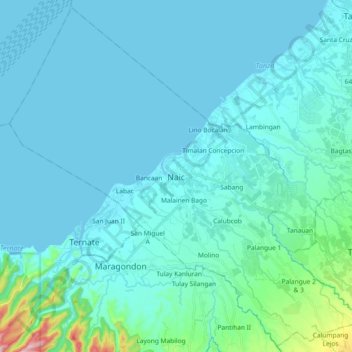 Mapa topográfico Naic, altitud, relieve