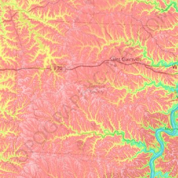 Mapa topográfico Belmont County, altitud, relieve
