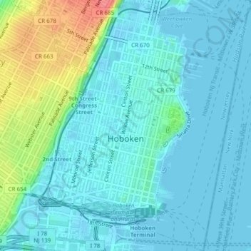 Mapa topográfico Hoboken, altitud, relieve